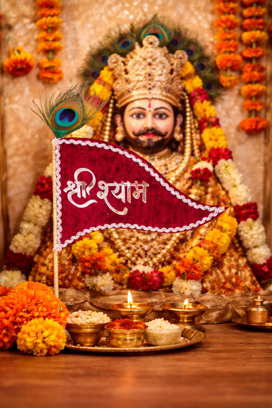 Shri Shyam RED Velvet Nishan with Peacock Feather – Premium Handmade Flag