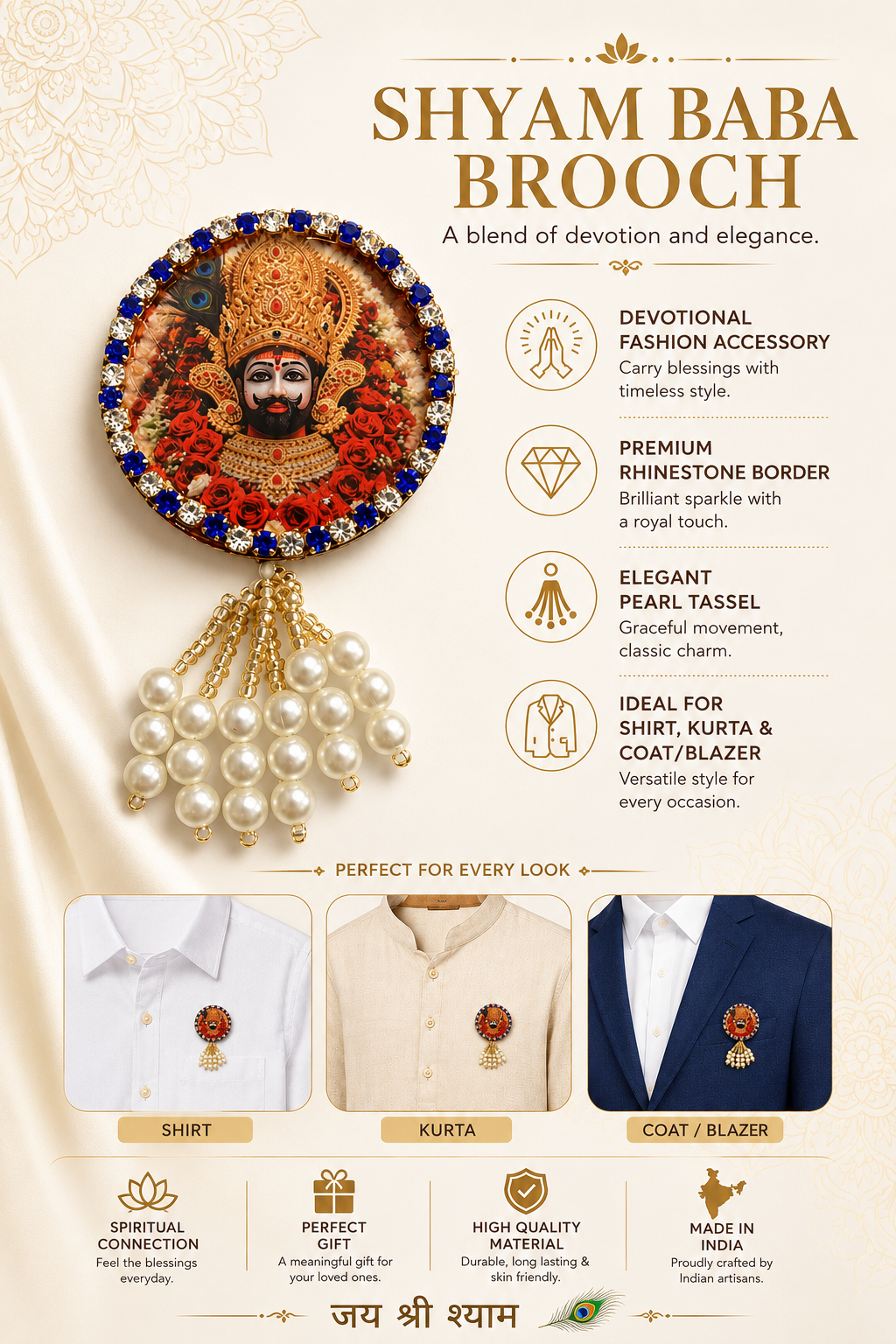 Khatu Shyam Ji Car Dashboard Divine Combo – Murti, Attar, Brooch & Mini Nishan