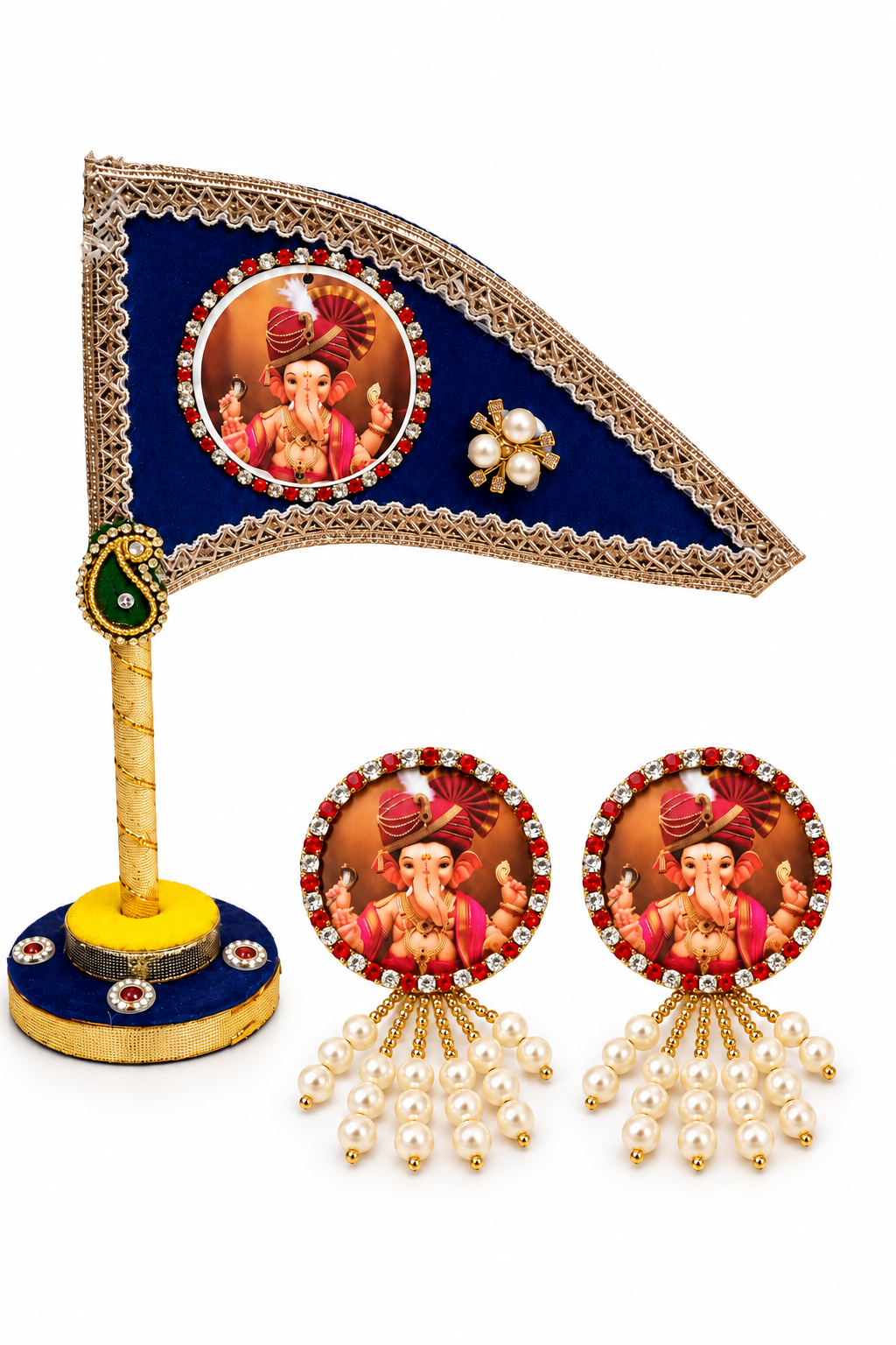 Ganesh Ji Dhwaja Blue with 2 Brooch | Ganpati Ganesh Flag for Home Temple, Office & Puja Decoration | Decorative Tabletop Ganesh Ji Flag with Free Ganesh Ji Brooch