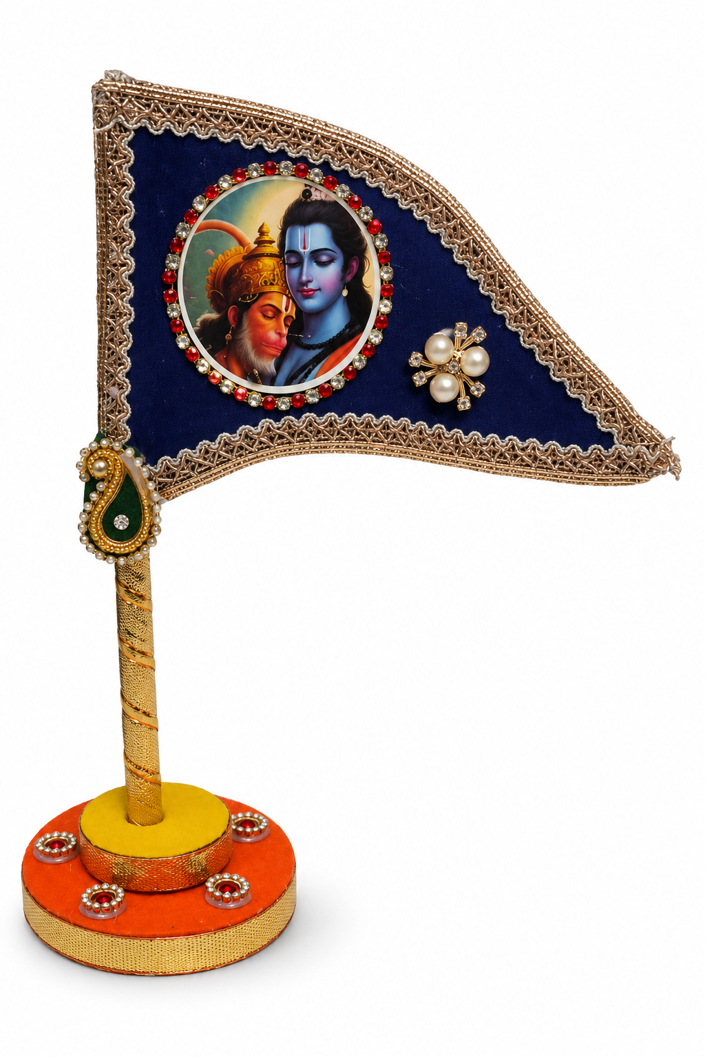 Shri Ram Hanuman Ji Decorative Tabletop Nishan Dhwaja – Blue Religious Flag with Stand for Car Dashboard, Home Mandir & Office
