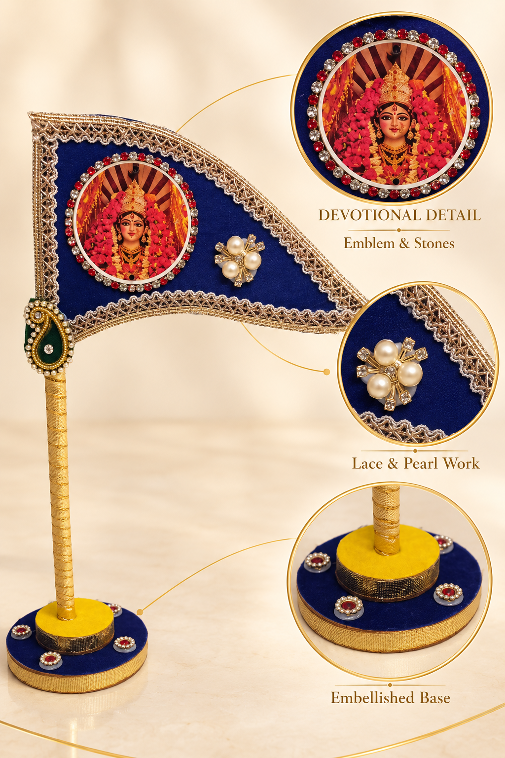 Mata Rani Decorative Car Dashboard Nishan Dhwaja – Blue Durga Maa Flag with Stand for Home Mandir, Office & Religious Gifting
