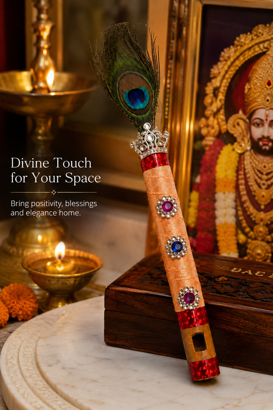 Premium Peacock Feather Flute | Krishna Bansuri Decorative Flute with Stone Work