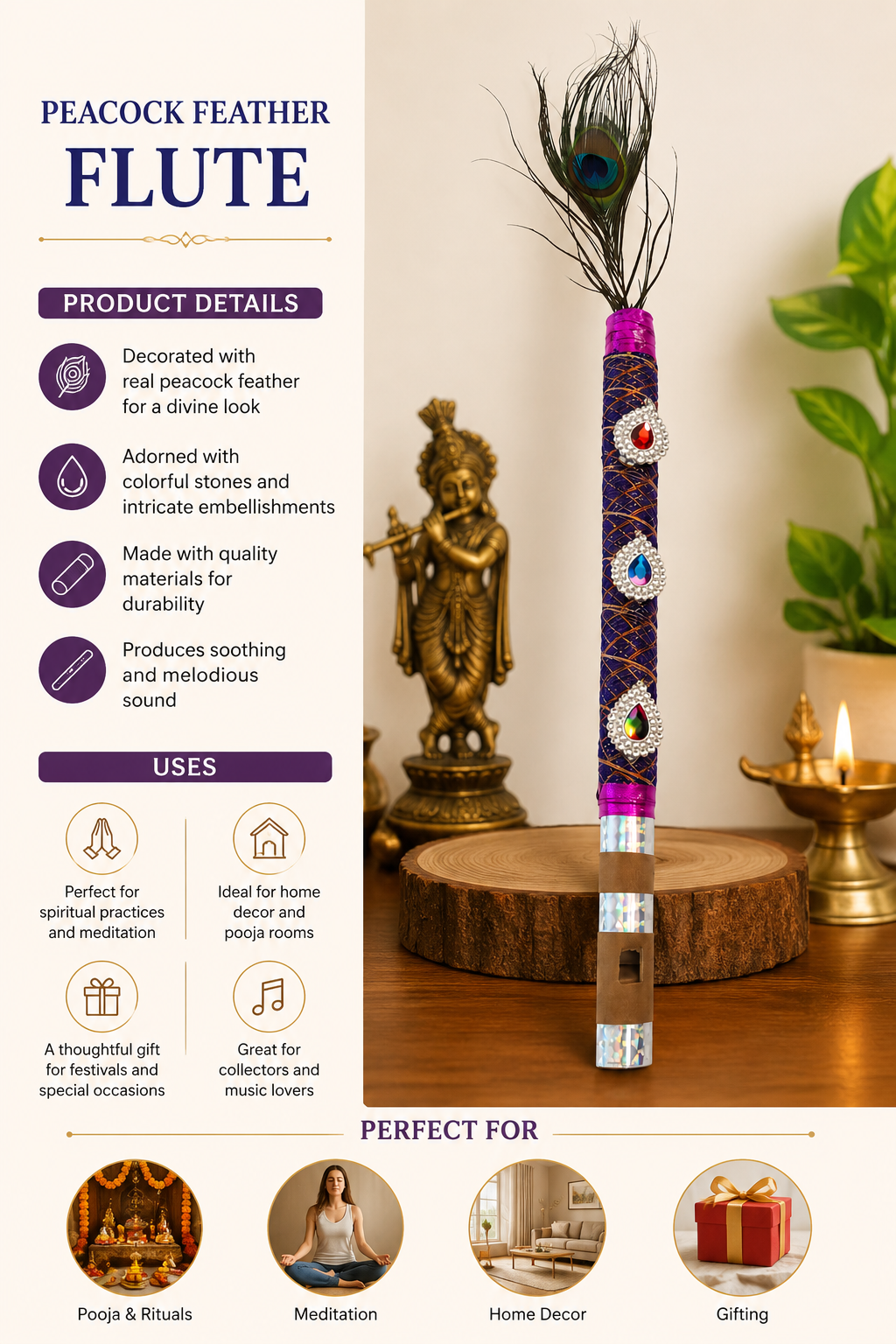 Decorative Peacock Feather Bansuri