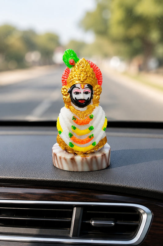 Khatu Shyam Ji Car Dashboard Divine Combo – Murti, Attar, Brooch & Mini Nishan