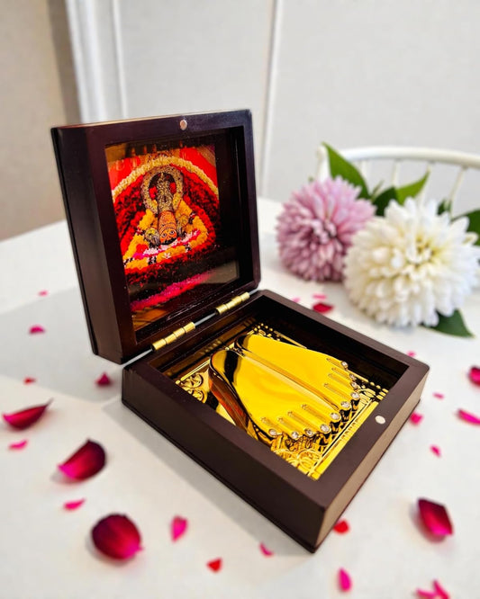 Khatu Shyam Ji Charan Paduka with Photo in Premium Wooden Box