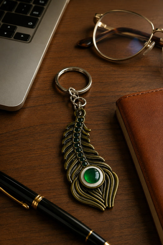 Peacock Feather Green Stone Keychain | Premium Shyam Baba Key chain