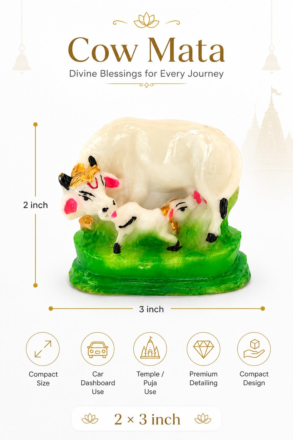 Gau Mata Decorative Murti | Kamdhenu Cow & Calf Idol | White Cow Statue with Green Base