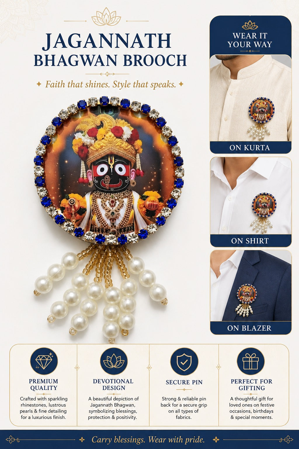 Lord Jagannath Premium Pearl Brooch | Jagannath Dev Devotional Brooch for Poshak & Mandir Shringar