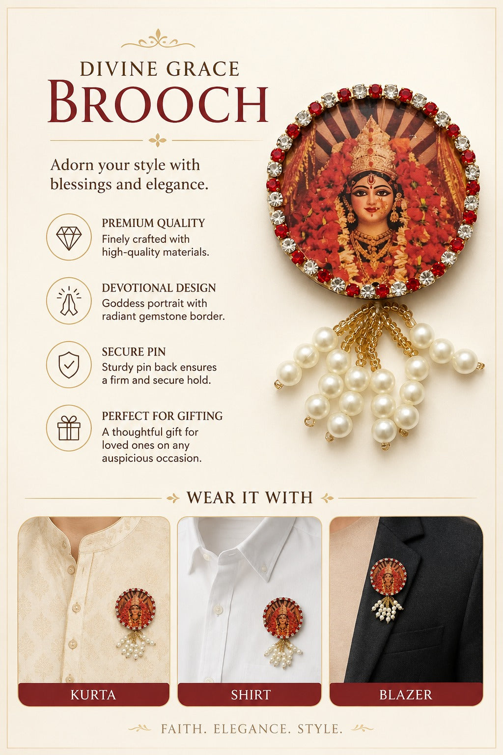Ambe Mata Premium Pearl Brooch | Maa Ambe Devotional Brooch for Poshak, Pagdi & Mandir Shringar