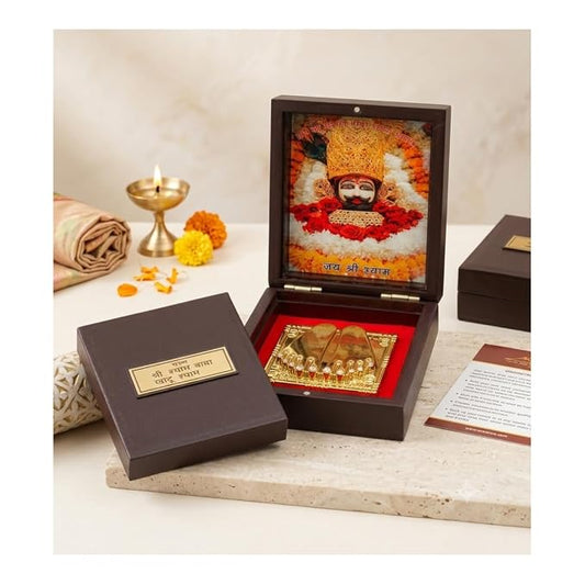 Khatu Shyam Ji Golden Charan Paduka with Photo Box