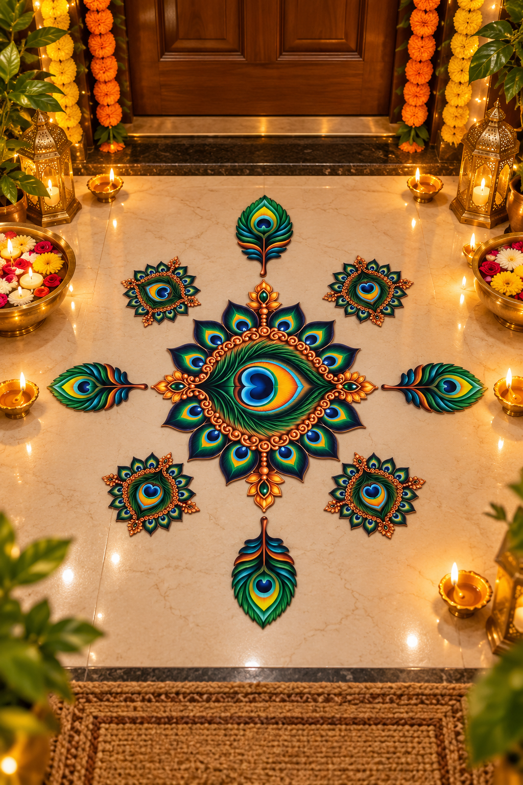Morpankh MDF rangoli set in Diwali entrance styling; accessories not included