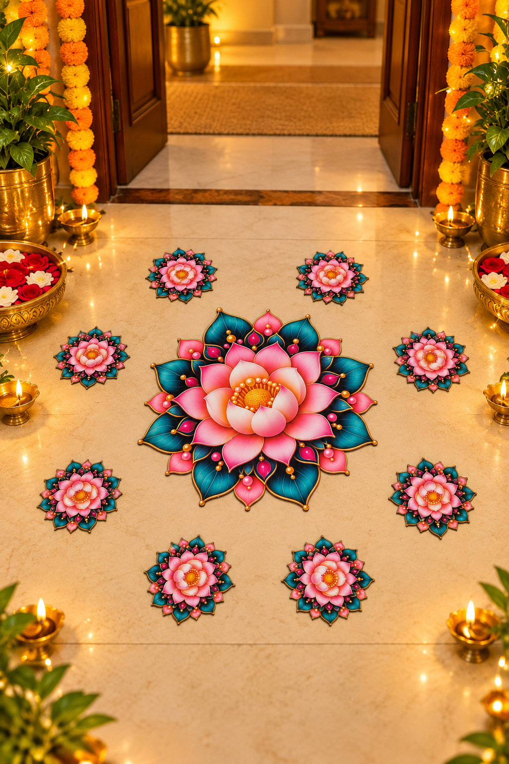 Pink lotus and teal leaf MDF rangoli floor decor; diyas and accessories not included
