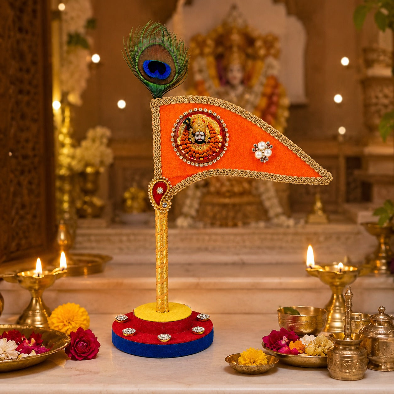 Handcrafted Saffron Dhwaj with Peacock Feather