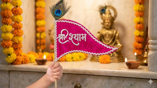 Shri Shyam Pink Velvet Nishan with Peacock Feather – Premium Devotional Flag