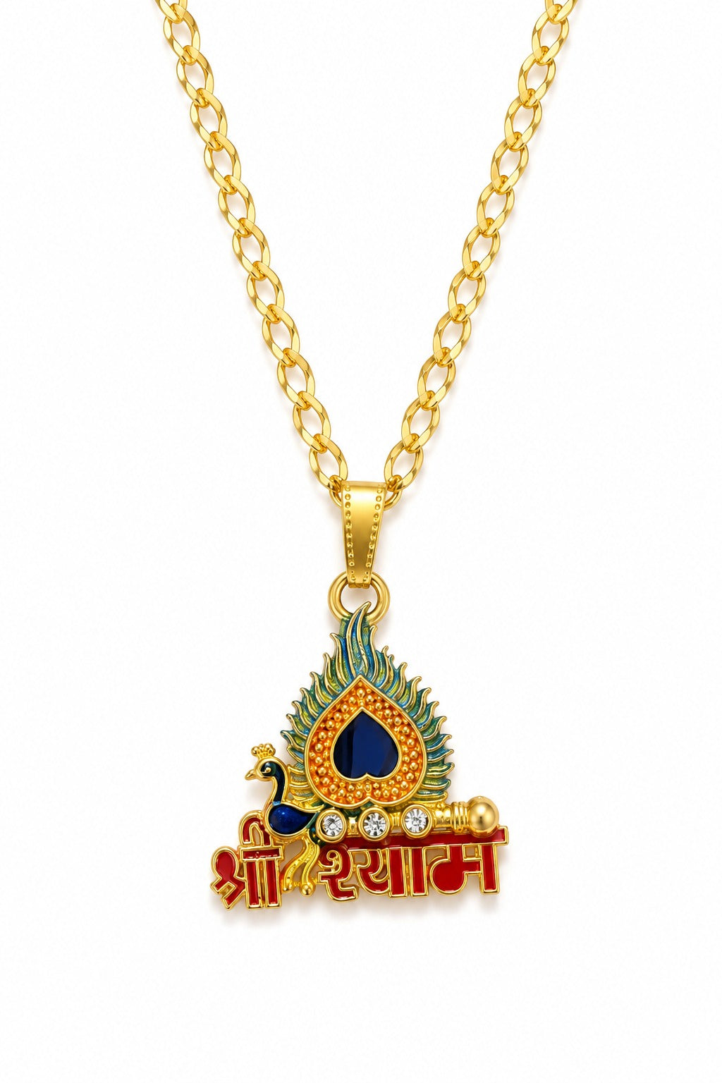 Shree Shyam Peacock Feather Pendant Necklace | Khatu Shyam Ji Locket with Golden Chain for Men & Women