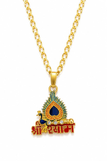 Shree Shyam Peacock Feather Pendant Necklace | Khatu Shyam Ji Locket with Golden Chain for Men & Women