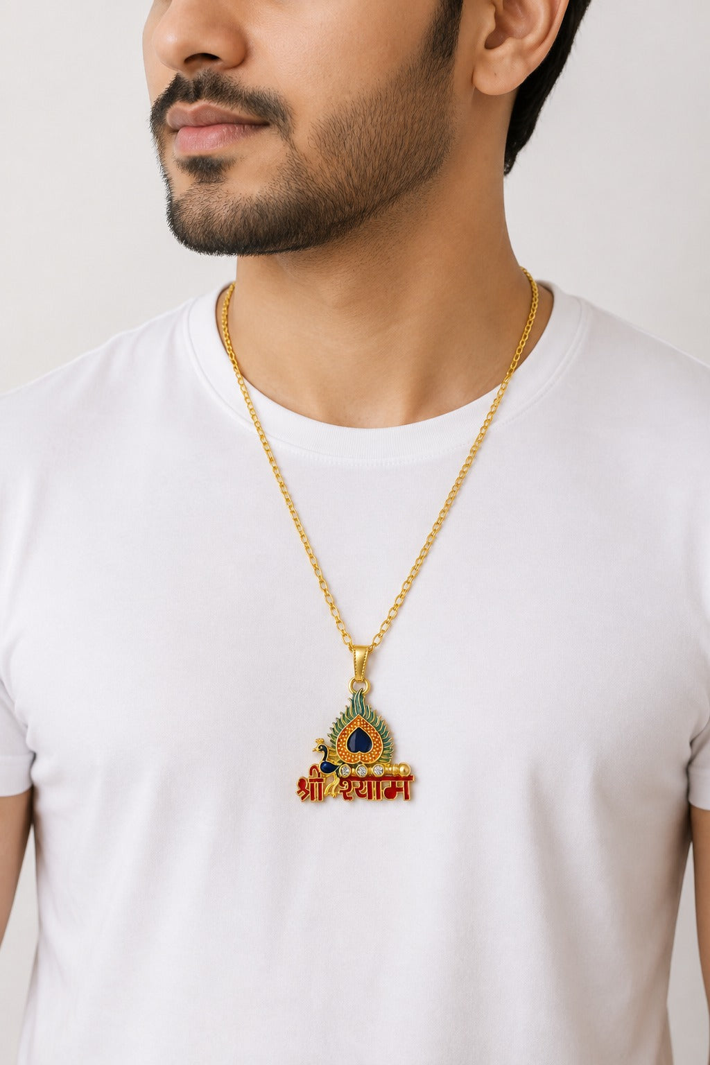 Shree Shyam Peacock Feather Pendant Necklace | Khatu Shyam Ji Locket with Golden Chain for Men & Women