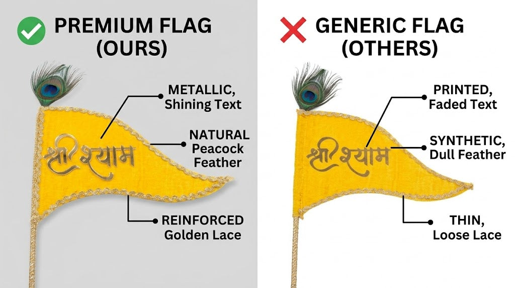 Shri Shyam Yellow Velvet Nishan with Peacock Feather – Premium Devotional Flag