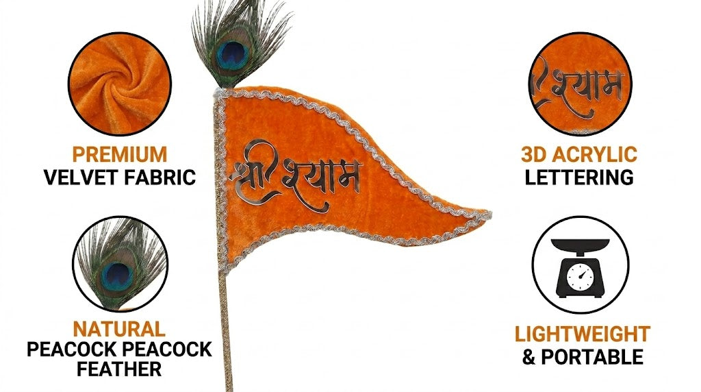 Shri Shyam Saffron Velvet Nishan with Peacock Feather – Premium Devotional Flag