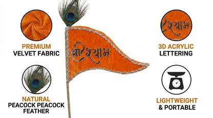 Shri Shyam Saffron Velvet Nishan with Peacock Feather – Premium Devotional Flag