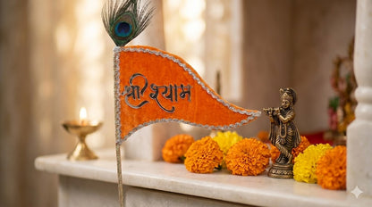 Shri Shyam Saffron Velvet Nishan with Peacock Feather – Premium Devotional Flag