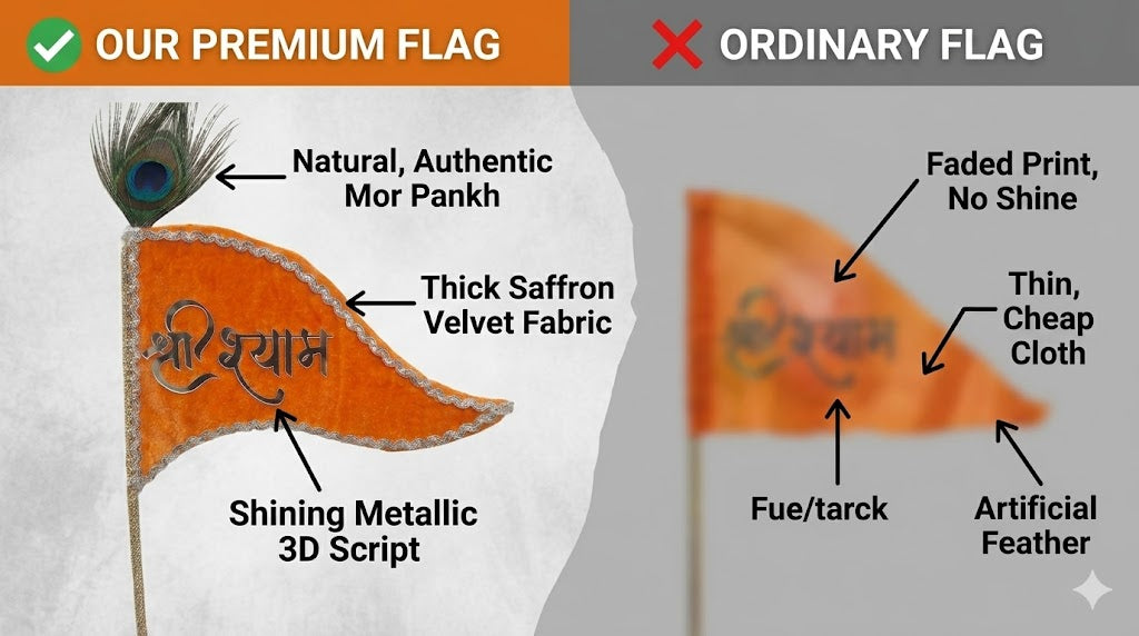 Shri Shyam Saffron Velvet Nishan with Peacock Feather – Premium Devotional Flag