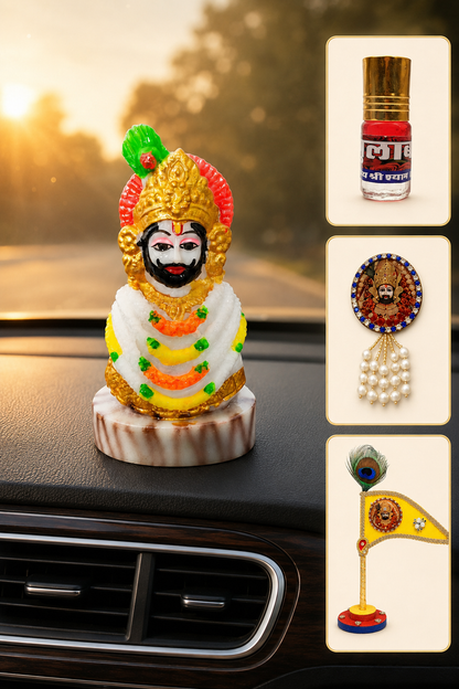 Khatu Shyam Ji Car Dashboard Divine Combo – Murti, Attar, Brooch & Mini Nishan