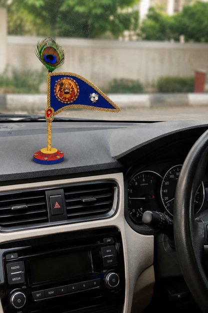 Navy Blue Shyam Car Dashboard Flag with Peacock Feather – Handmade Decorative Tabletop Stand