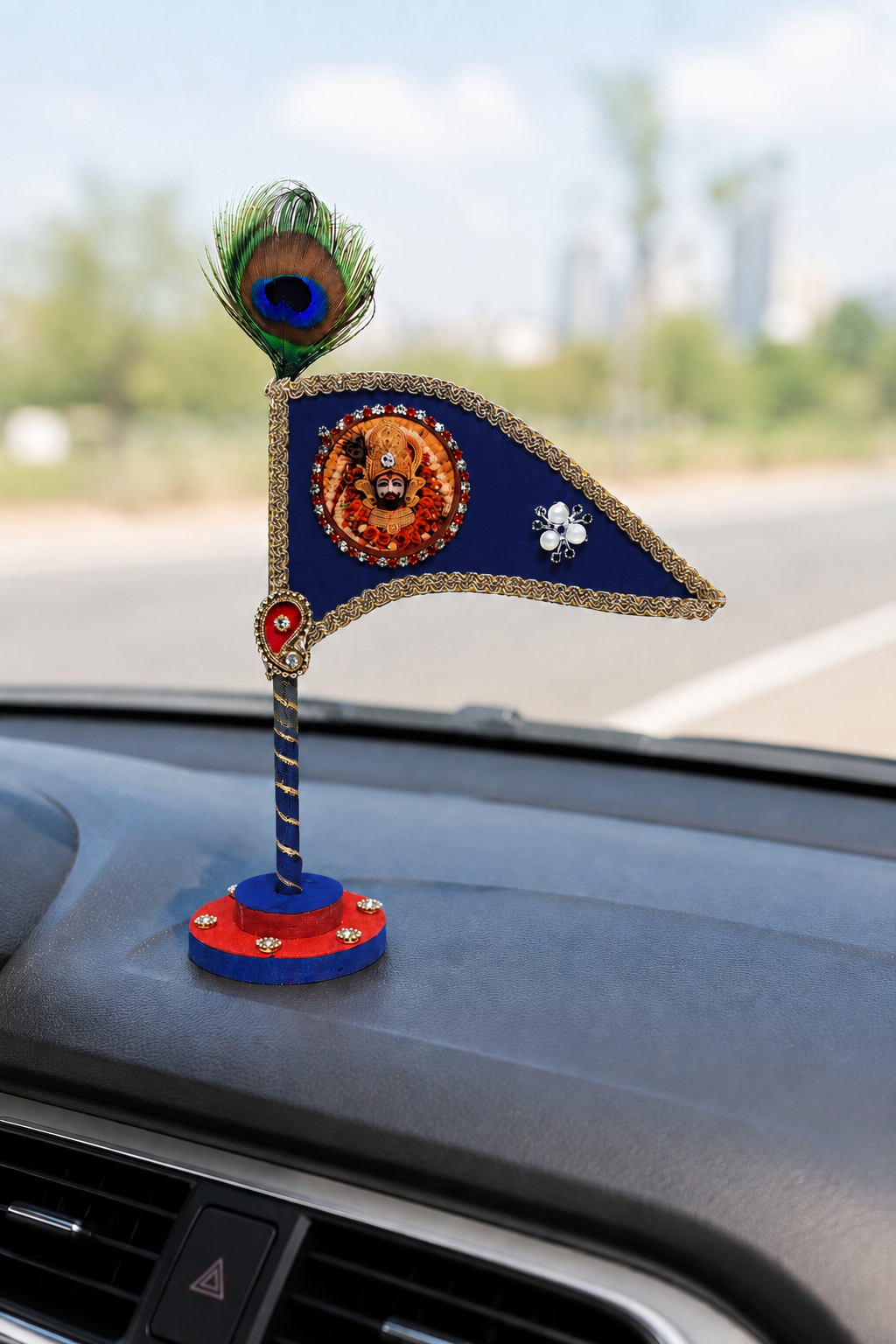 Navy Blue Shyam Car Dashboard Flag with Peacock Feather – Handmade Decorative Tabletop Stand