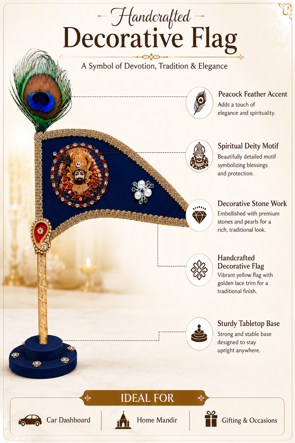 Navy Blue Shyam Car Dashboard Flag with Peacock Feather – Handmade Decorative Tabletop Stand