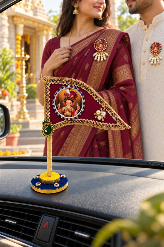 Ganesh Ji Maroon Dhwaja 2 Brooch | Ganpati Ganesh Flag for Home Temple, Office & Puja Decoration | Decorative Tabletop Ganesh Ji Flag with Free Ganesh Ji Brooch