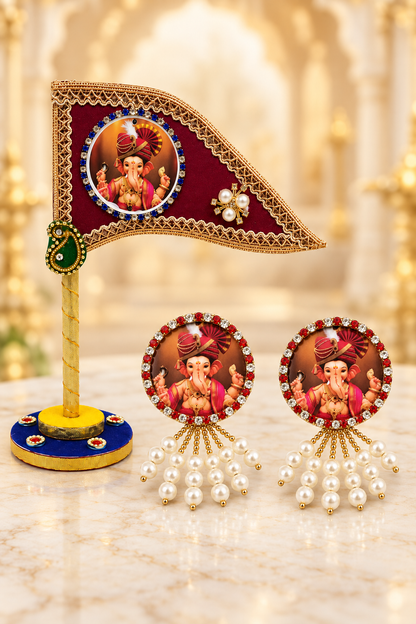 Ganesh Ji Maroon Dhwaja 2 Brooch | Ganpati Ganesh Flag for Home Temple, Office & Puja Decoration | Decorative Tabletop Ganesh Ji Flag with Free Ganesh Ji Brooch