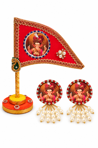 Ganesh Ji Dhwaja Red with 2 brooch| Ganpati Ganesh Flag for Home Temple, Office & Puja Decoration | Decorative Tabletop Ganesh Ji Flag with Free Ganesh Ji Brooch