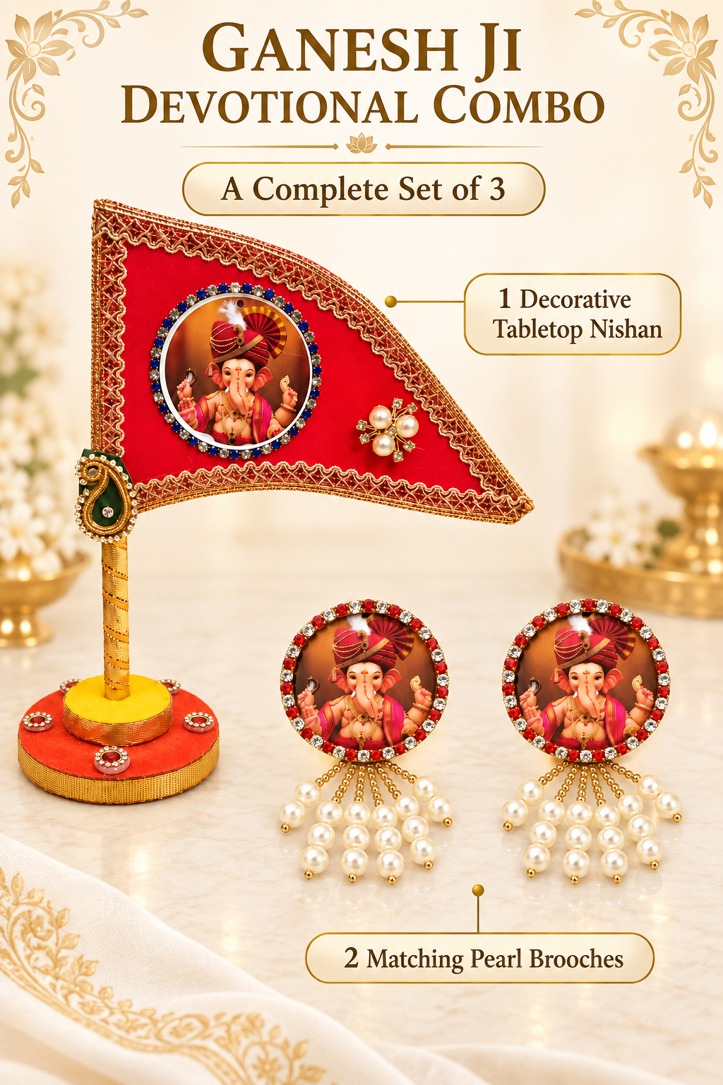 Ganesh Ji Dhwaja Red with 2 brooch| Ganpati Ganesh Flag for Home Temple, Office & Puja Decoration | Decorative Tabletop Ganesh Ji Flag with Free Ganesh Ji Brooch