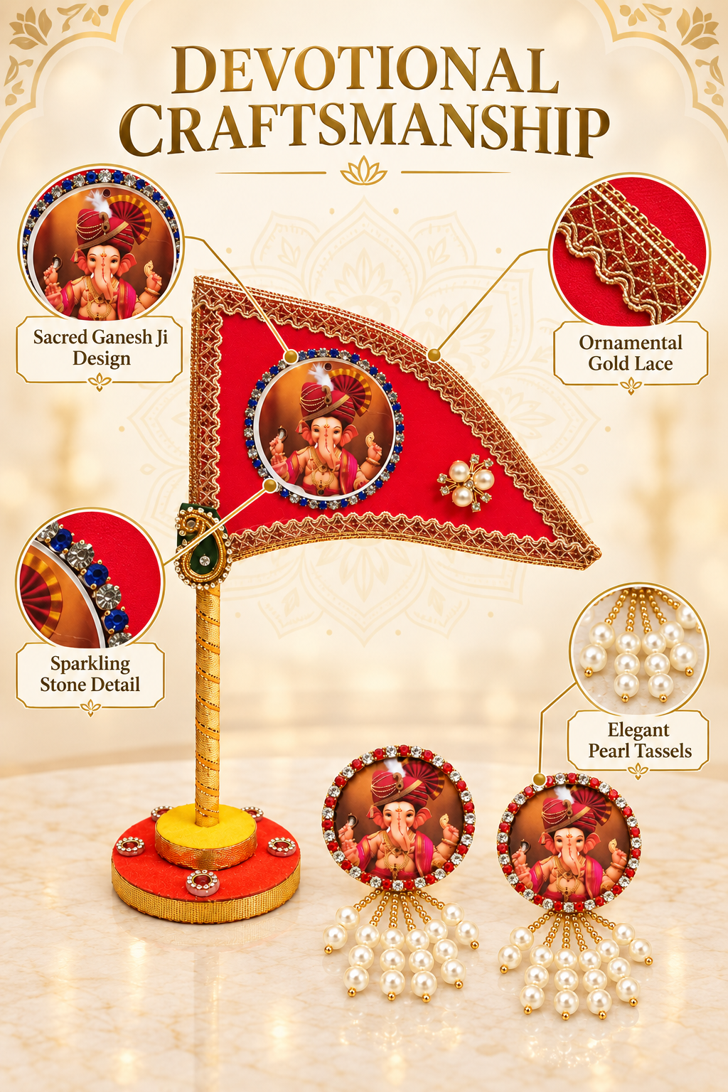 Ganesh Ji Dhwaja Red with 2 brooch| Ganpati Ganesh Flag for Home Temple, Office & Puja Decoration | Decorative Tabletop Ganesh Ji Flag with Free Ganesh Ji Brooch