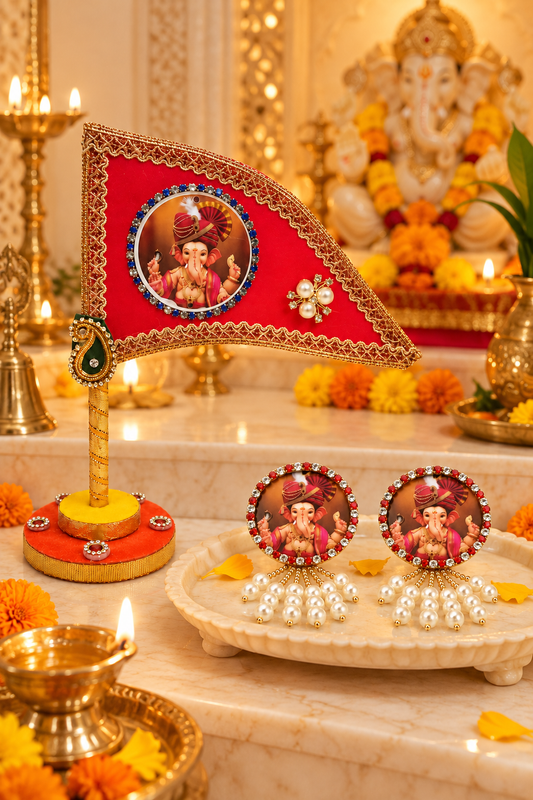 Ganesh Ji Dhwaja Red with 2 brooch| Ganpati Ganesh Flag for Home Temple, Office & Puja Decoration | Decorative Tabletop Ganesh Ji Flag with Free Ganesh Ji Brooch