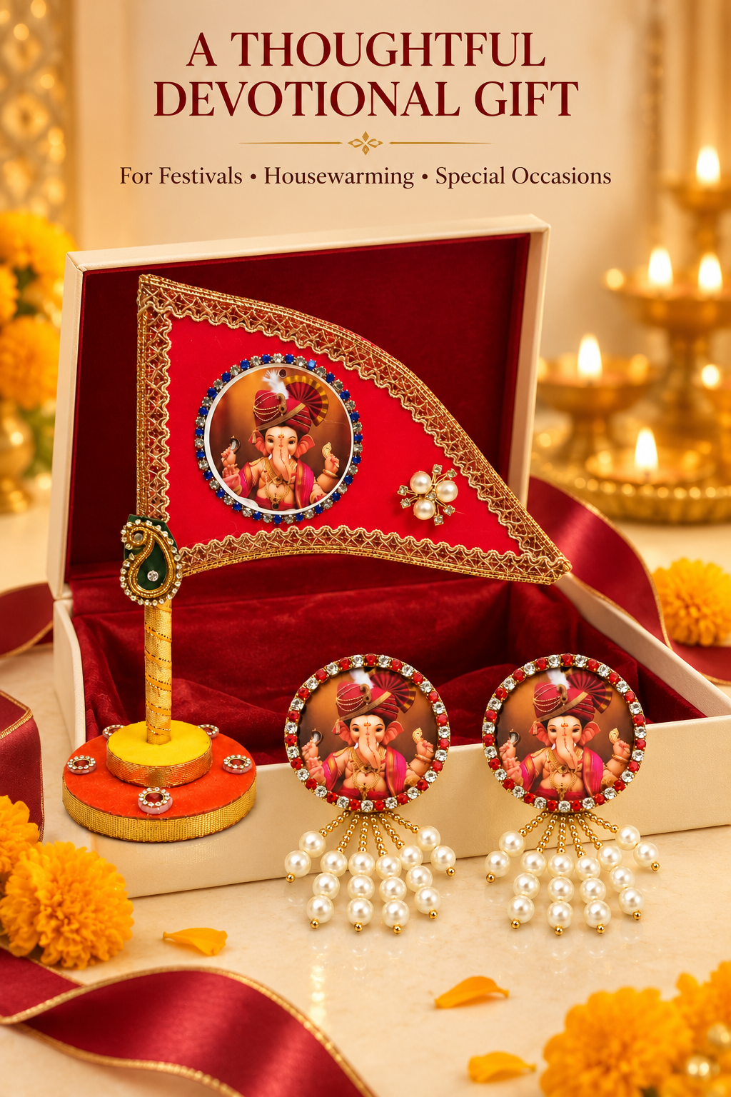 Ganesh Ji Dhwaja Red with 2 brooch| Ganpati Ganesh Flag for Home Temple, Office & Puja Decoration | Decorative Tabletop Ganesh Ji Flag with Free Ganesh Ji Brooch