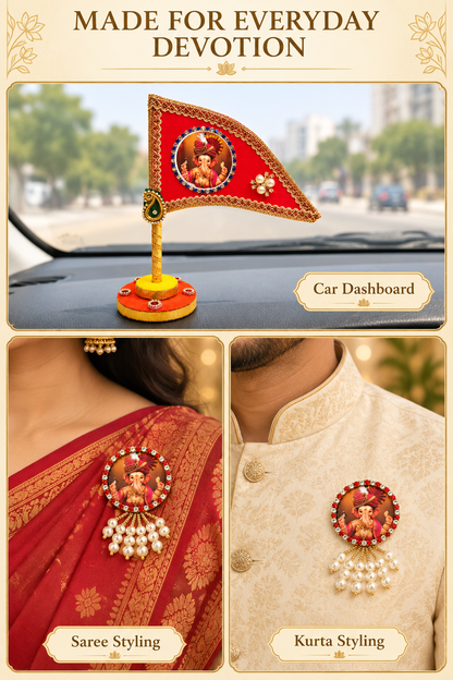 Ganesh Ji Dhwaja Red with 2 brooch| Ganpati Ganesh Flag for Home Temple, Office & Puja Decoration | Decorative Tabletop Ganesh Ji Flag with Free Ganesh Ji Brooch