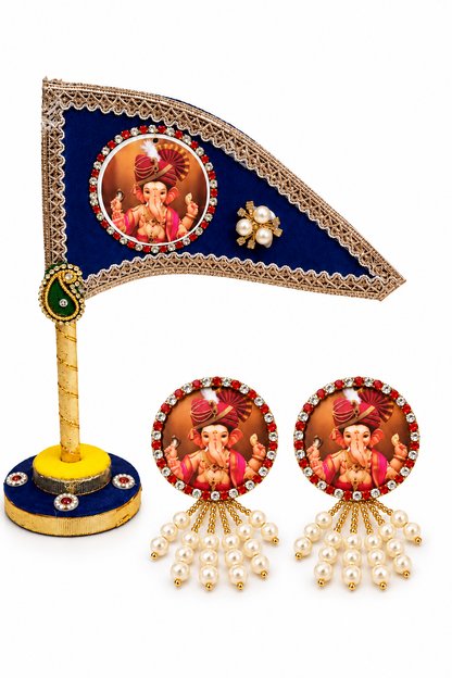Ganesh Ji Dhwaja Blue with 2 Brooch | Ganpati Ganesh Flag for Home Temple, Office & Puja Decoration | Decorative Tabletop Ganesh Ji Flag with Free Ganesh Ji Brooch