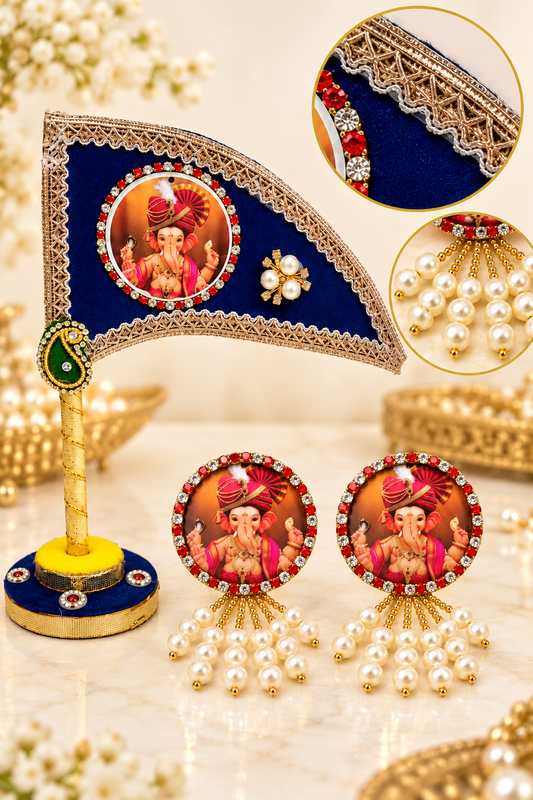 Ganesh Ji Dhwaja Blue with 2 Brooch | Ganpati Ganesh Flag for Home Temple, Office & Puja Decoration | Decorative Tabletop Ganesh Ji Flag with Free Ganesh Ji Brooch