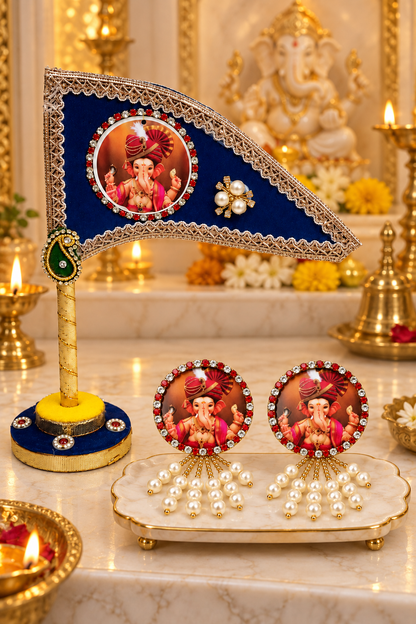Ganesh Ji Dhwaja Blue with 2 Brooch | Ganpati Ganesh Flag for Home Temple, Office & Puja Decoration | Decorative Tabletop Ganesh Ji Flag with Free Ganesh Ji Brooch