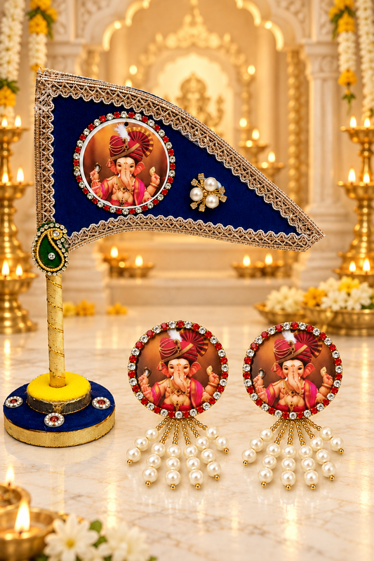 Ganesh Ji Dhwaja Blue with 2 Brooch | Ganpati Ganesh Flag for Home Temple, Office & Puja Decoration | Decorative Tabletop Ganesh Ji Flag with Free Ganesh Ji Brooch