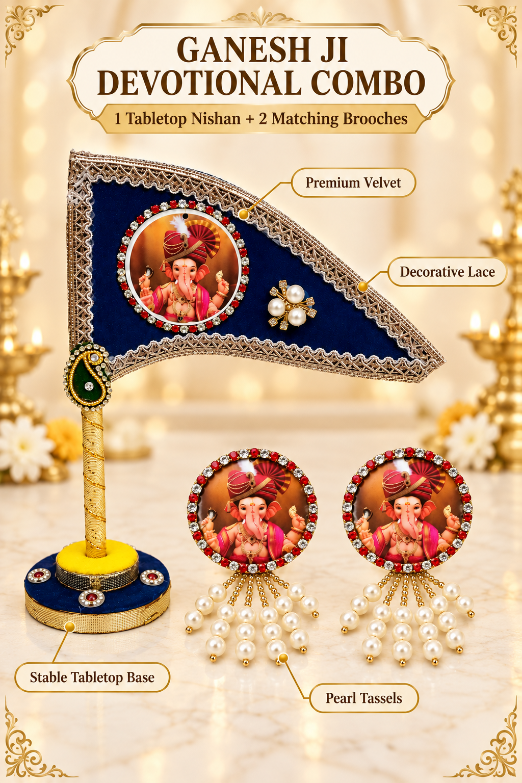 Ganesh Ji Dhwaja Blue with 2 Brooch | Ganpati Ganesh Flag for Home Temple, Office & Puja Decoration | Decorative Tabletop Ganesh Ji Flag with Free Ganesh Ji Brooch