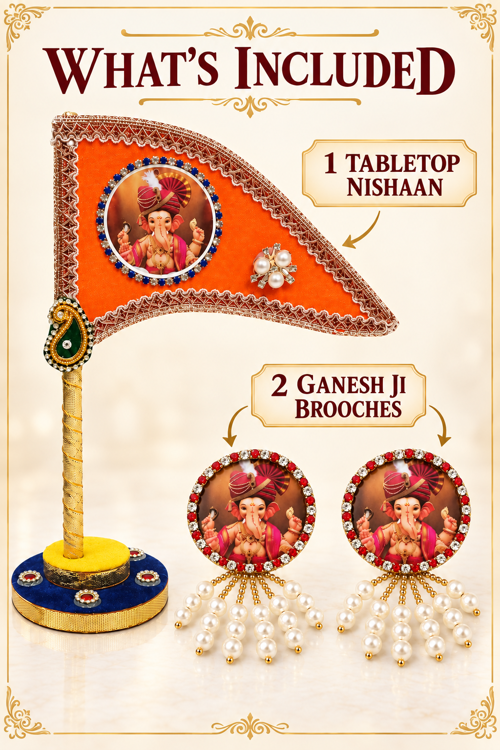 Ganesh Ji Dhwaja Orange with 2 brooch | Ganpati Ganesh Flag for Home Temple, Office & Puja Decoration | Decorative Tabletop Ganesh Ji Flag with Free Ganesh Ji Brooch