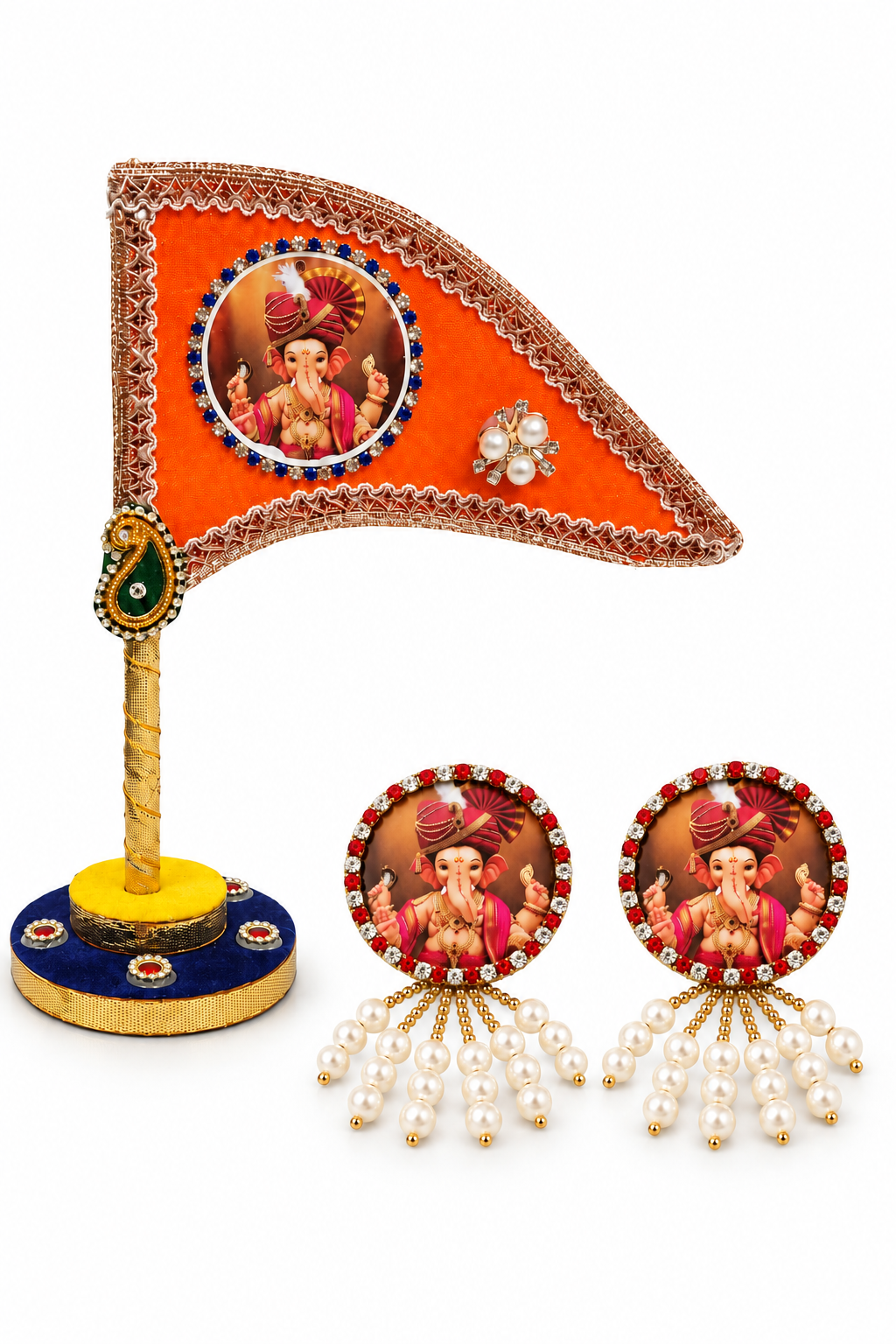 Ganesh Ji Dhwaja Orange with 2 brooch | Ganpati Ganesh Flag for Home Temple, Office & Puja Decoration | Decorative Tabletop Ganesh Ji Flag with Free Ganesh Ji Brooch