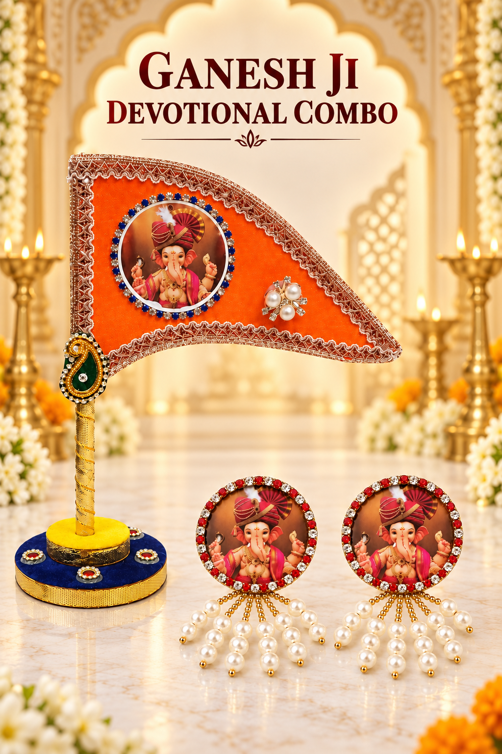 Ganesh Ji Dhwaja Orange with 2 brooch | Ganpati Ganesh Flag for Home Temple, Office & Puja Decoration | Decorative Tabletop Ganesh Ji Flag with Free Ganesh Ji Brooch