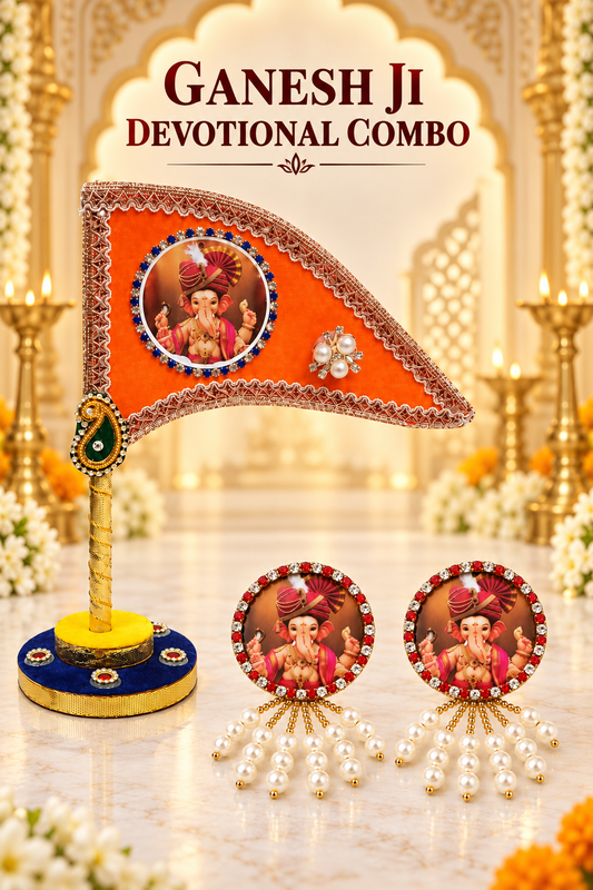 Ganesh Ji Dhwaja Orange with 2 brooch | Ganpati Ganesh Flag for Home Temple, Office & Puja Decoration | Decorative Tabletop Ganesh Ji Flag with Free Ganesh Ji Brooch