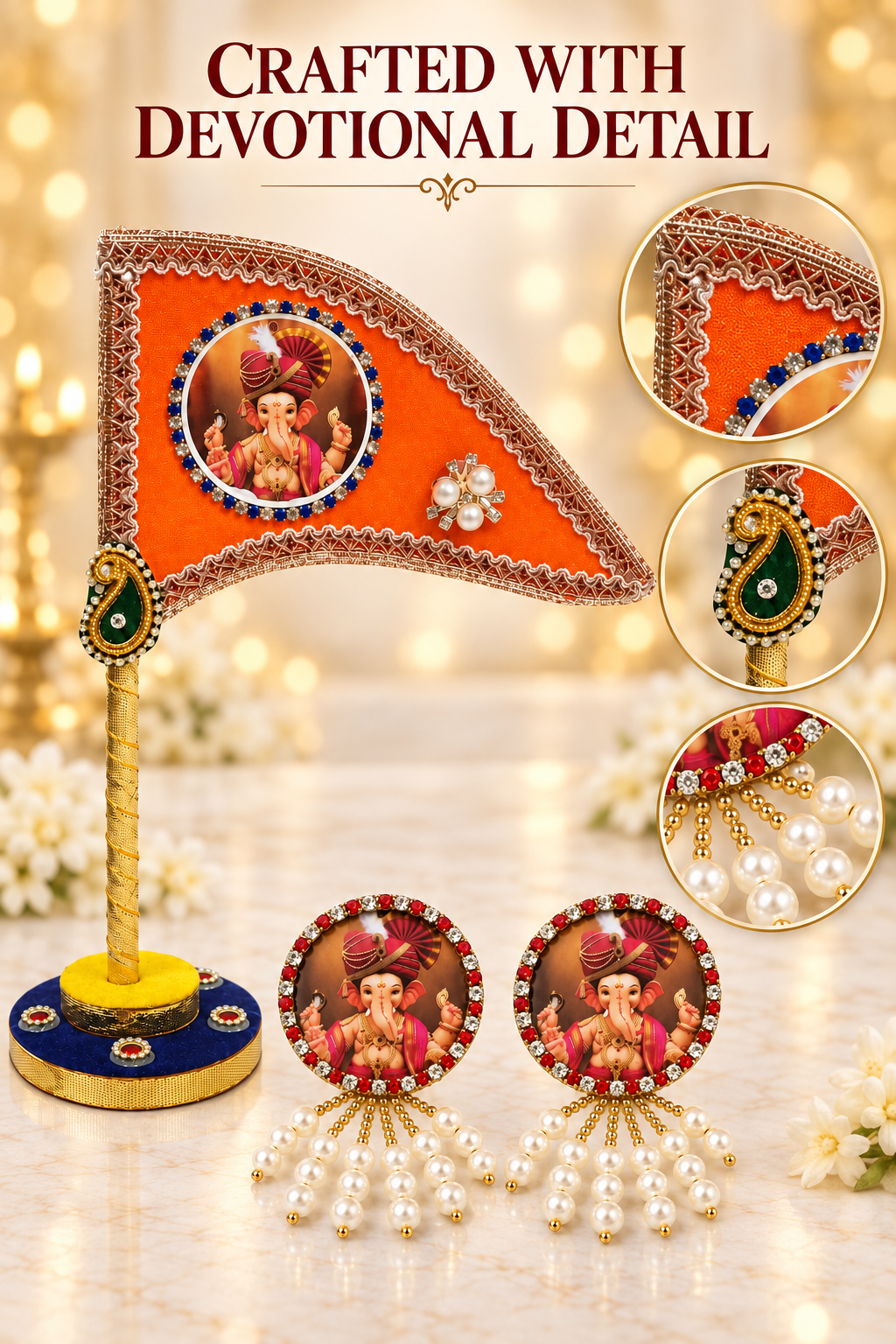 Ganesh Ji Dhwaja Orange with 2 brooch | Ganpati Ganesh Flag for Home Temple, Office & Puja Decoration | Decorative Tabletop Ganesh Ji Flag with Free Ganesh Ji Brooch