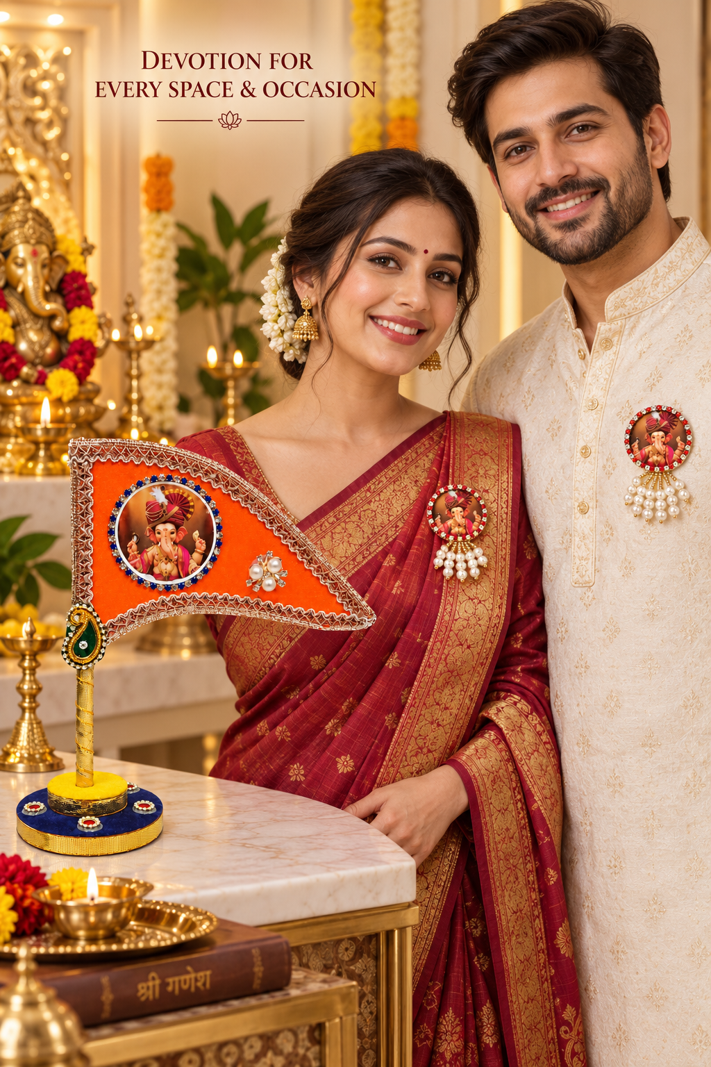 Ganesh Ji Dhwaja Orange with 2 brooch | Ganpati Ganesh Flag for Home Temple, Office & Puja Decoration | Decorative Tabletop Ganesh Ji Flag with Free Ganesh Ji Brooch