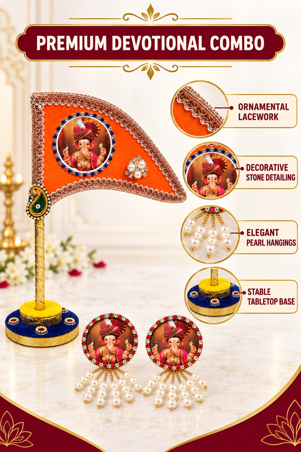 Ganesh Ji Dhwaja Orange with 2 brooch | Ganpati Ganesh Flag for Home Temple, Office & Puja Decoration | Decorative Tabletop Ganesh Ji Flag with Free Ganesh Ji Brooch